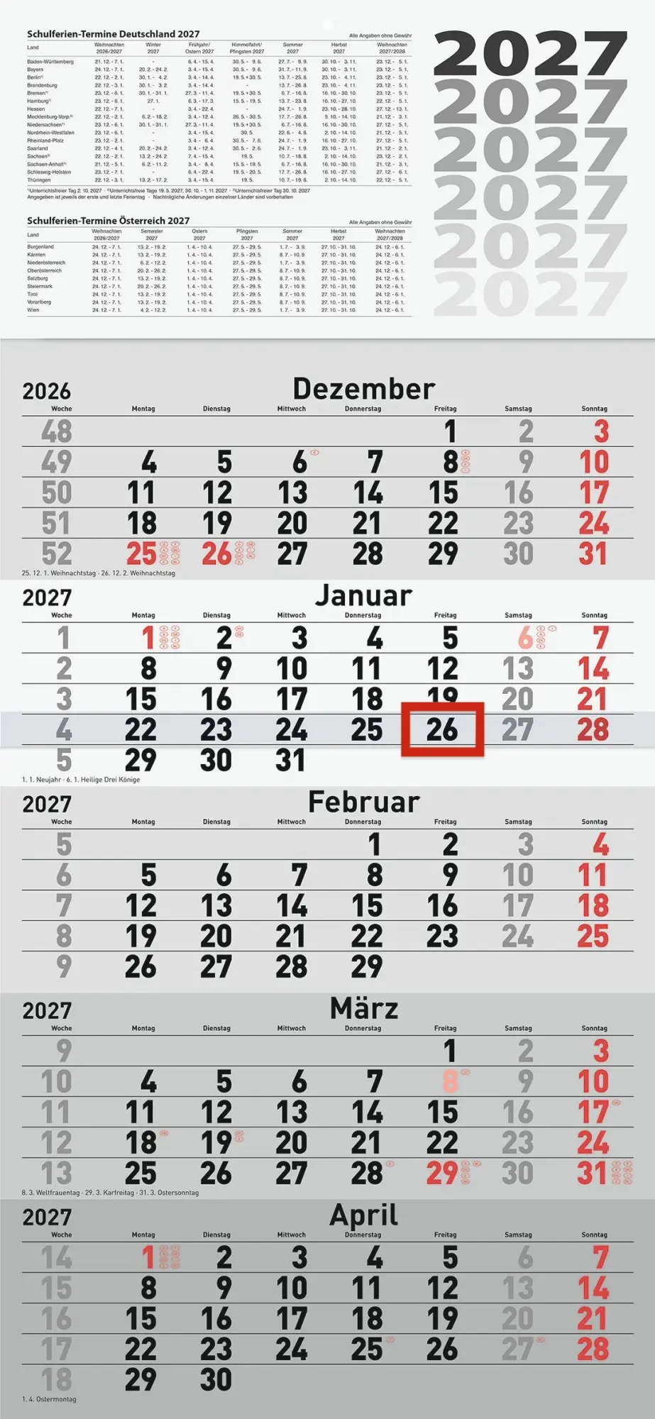 Cover: 4003273795372 | rido/idé 7033520007 5-Monatskalender 2027 grau, 300×630 mm | Buch