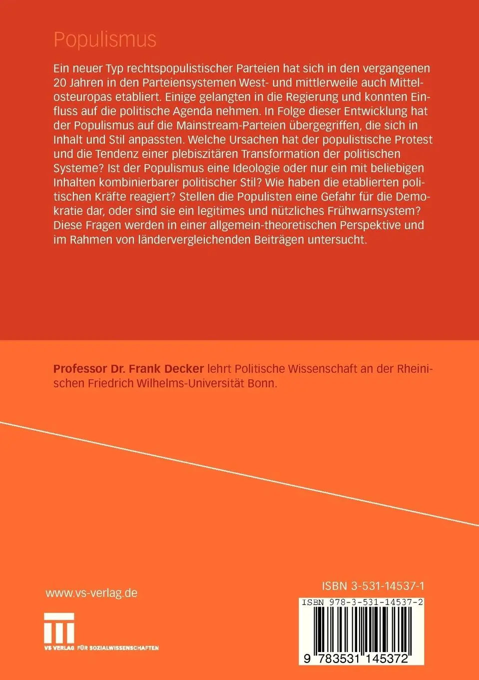 Rückseite: 9783531145372 | Populismus | Gefahr für die Demokratie oder nützliches Korrektiv?