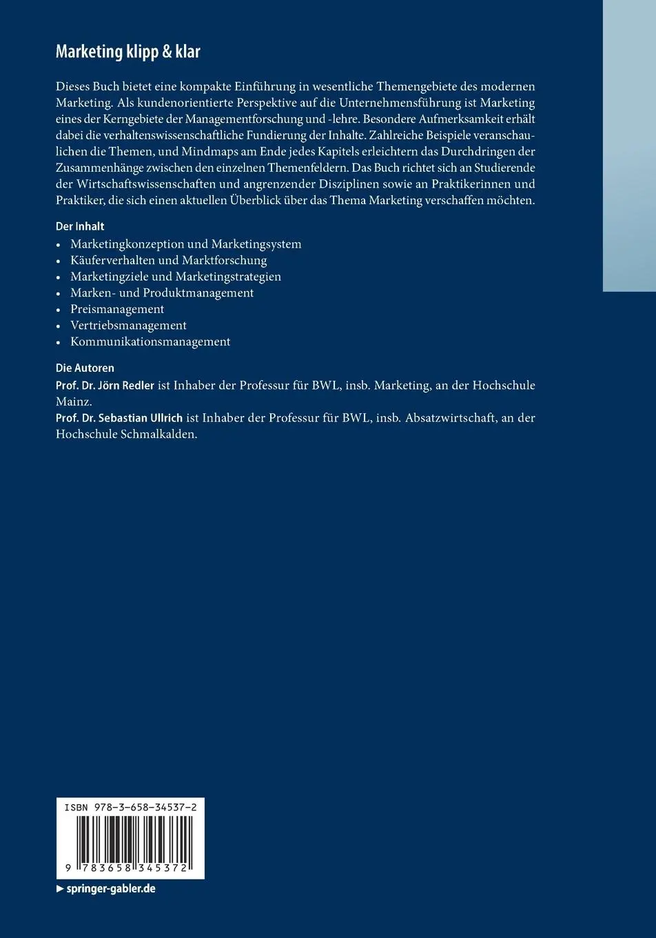 Rückseite: 9783658345372 | Marketing klipp &amp; klar | Jörn Redler (u. a.) | Taschenbuch | XI | 2022