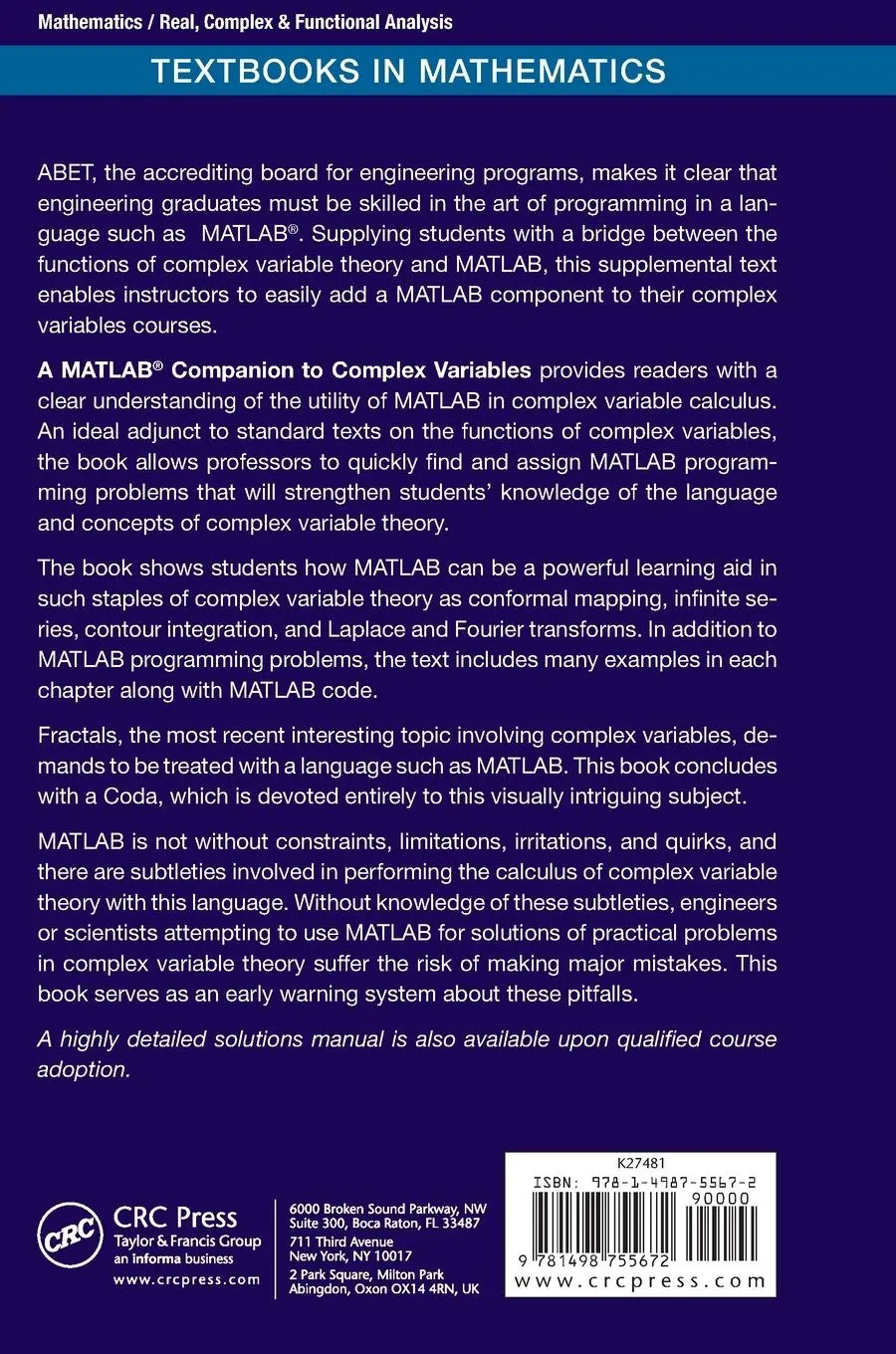 Rückseite: 9781498755672 | A MatLab® Companion to Complex Variables | A. David Wunsch | Buch