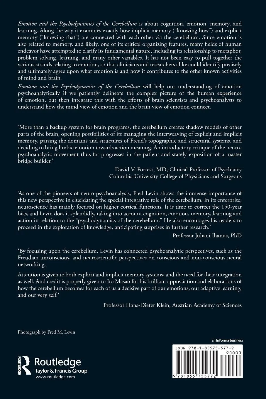 Rückseite: 9781855755772 | Emotion and the Psychodynamics of the Cerebellum | Fred M. Levin