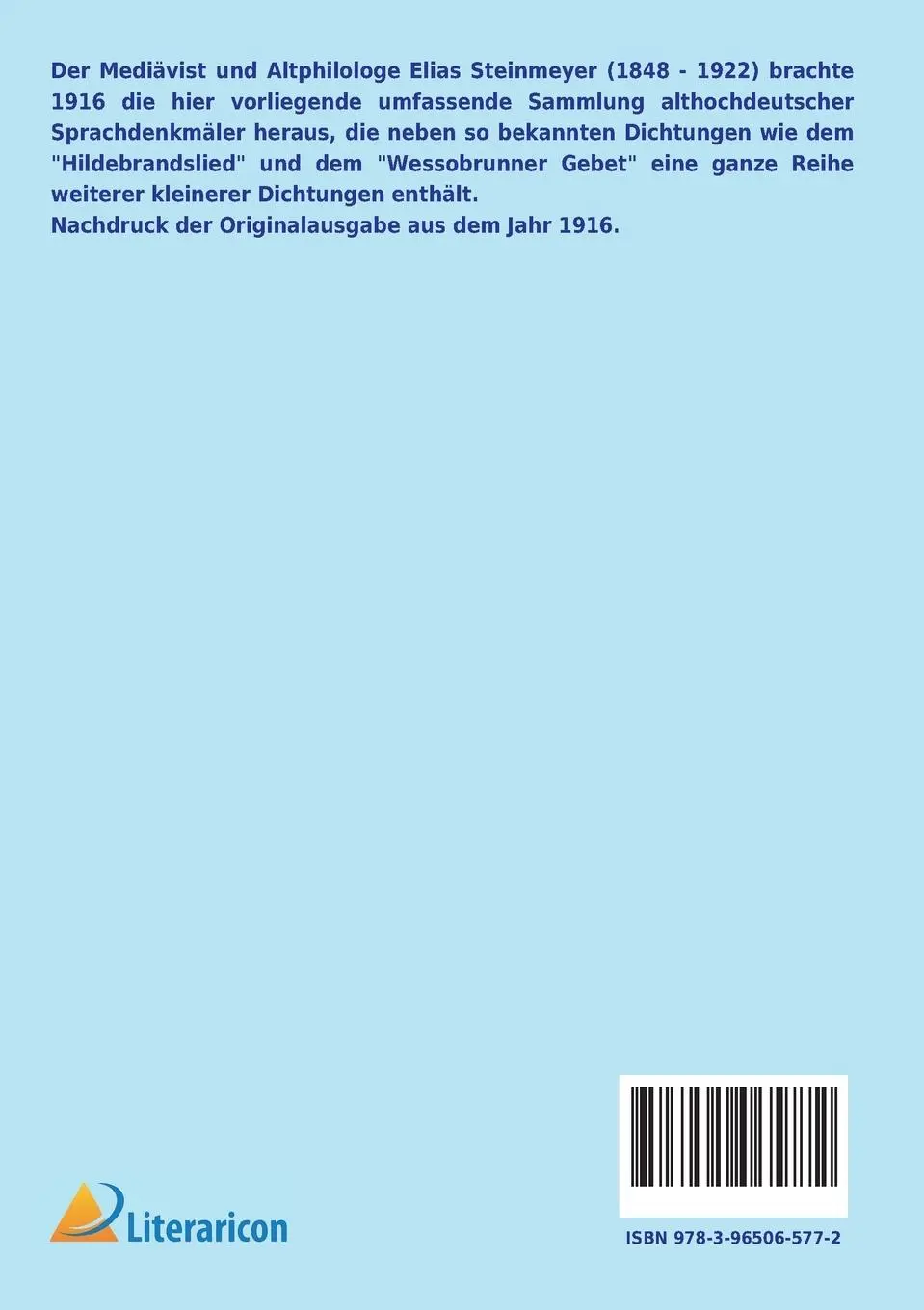 Rückseite: 9783965065772 | Die kleineren althochdeutschen Sprachdenkmäler | Elias Steinmeyer