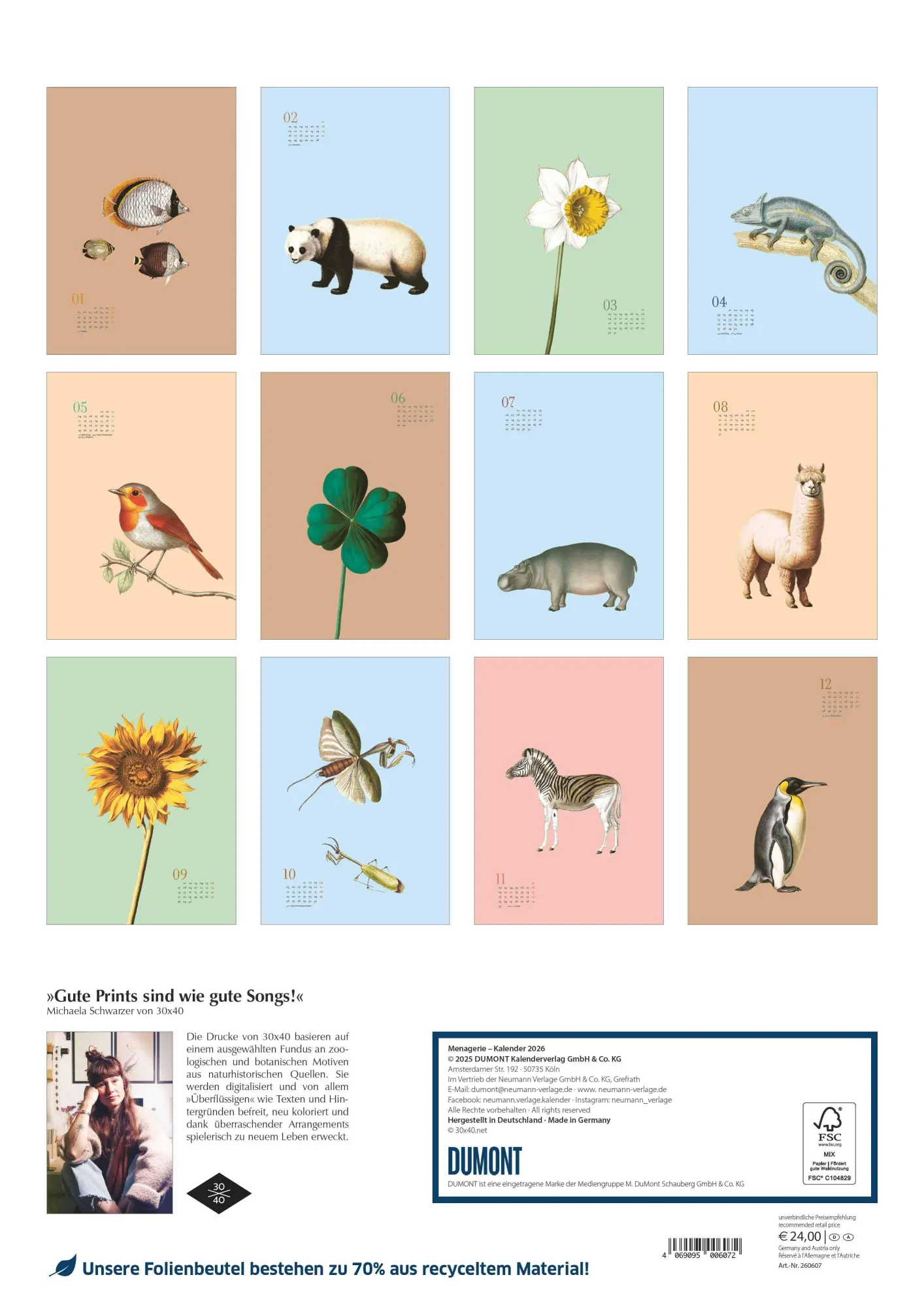 Rückseite: 4069095006072 | Wandkalender 'Menagerie' 2026 - Historische Tier- und...