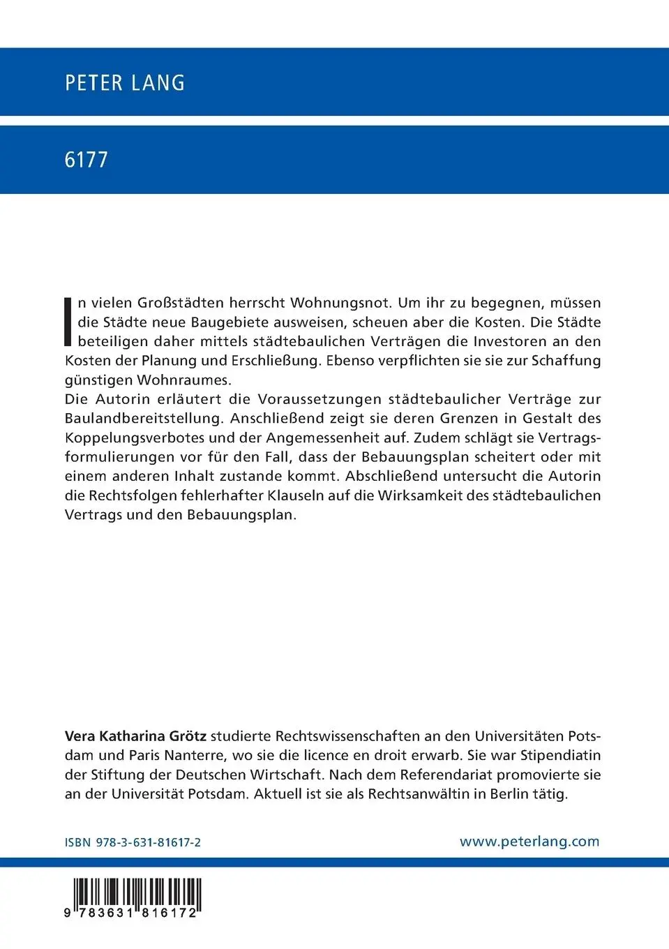 Rückseite: 9783631816172 | Städtebauliche Verträge zur Baulandbereitstellung | Grötz | Buch