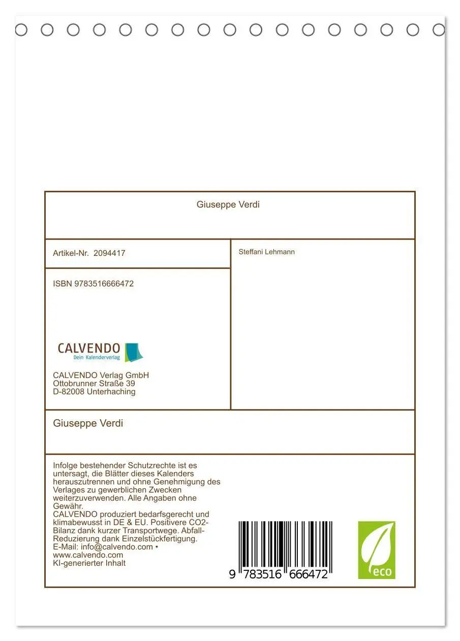 Bild: 9783516666472 | Giuseppe Verdi (Tischkalender 2026 DIN A5 hoch), CALVENDO...