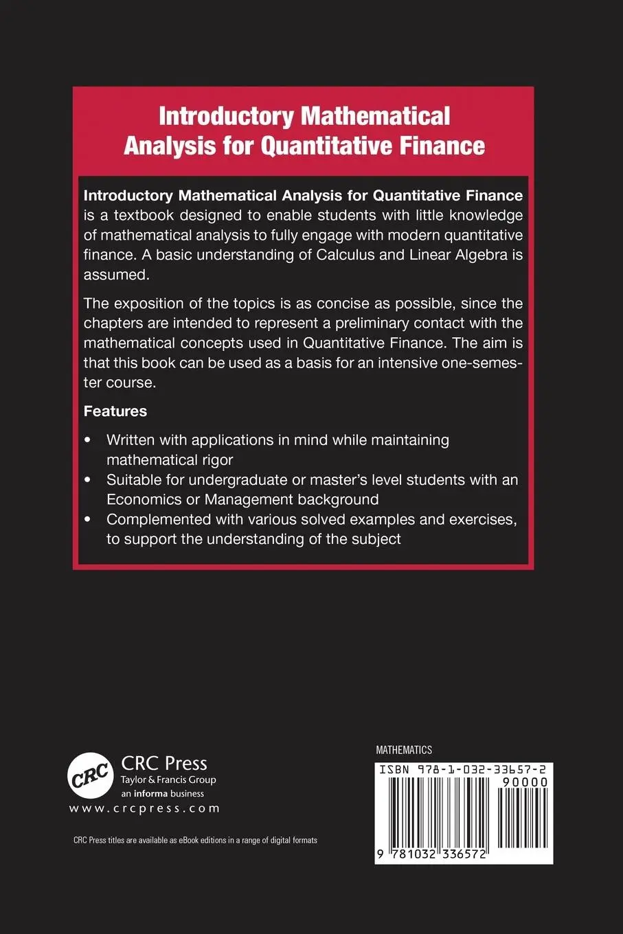 Rückseite: 9781032336572 | Introductory Mathematical Analysis for Quantitative Finance | Buch