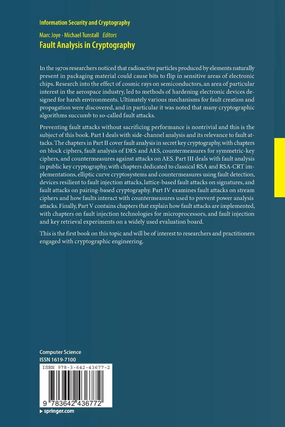 Rückseite: 9783642436772 | Fault Analysis in Cryptography | Michael Tunstall (u. a.) | Buch | xvi