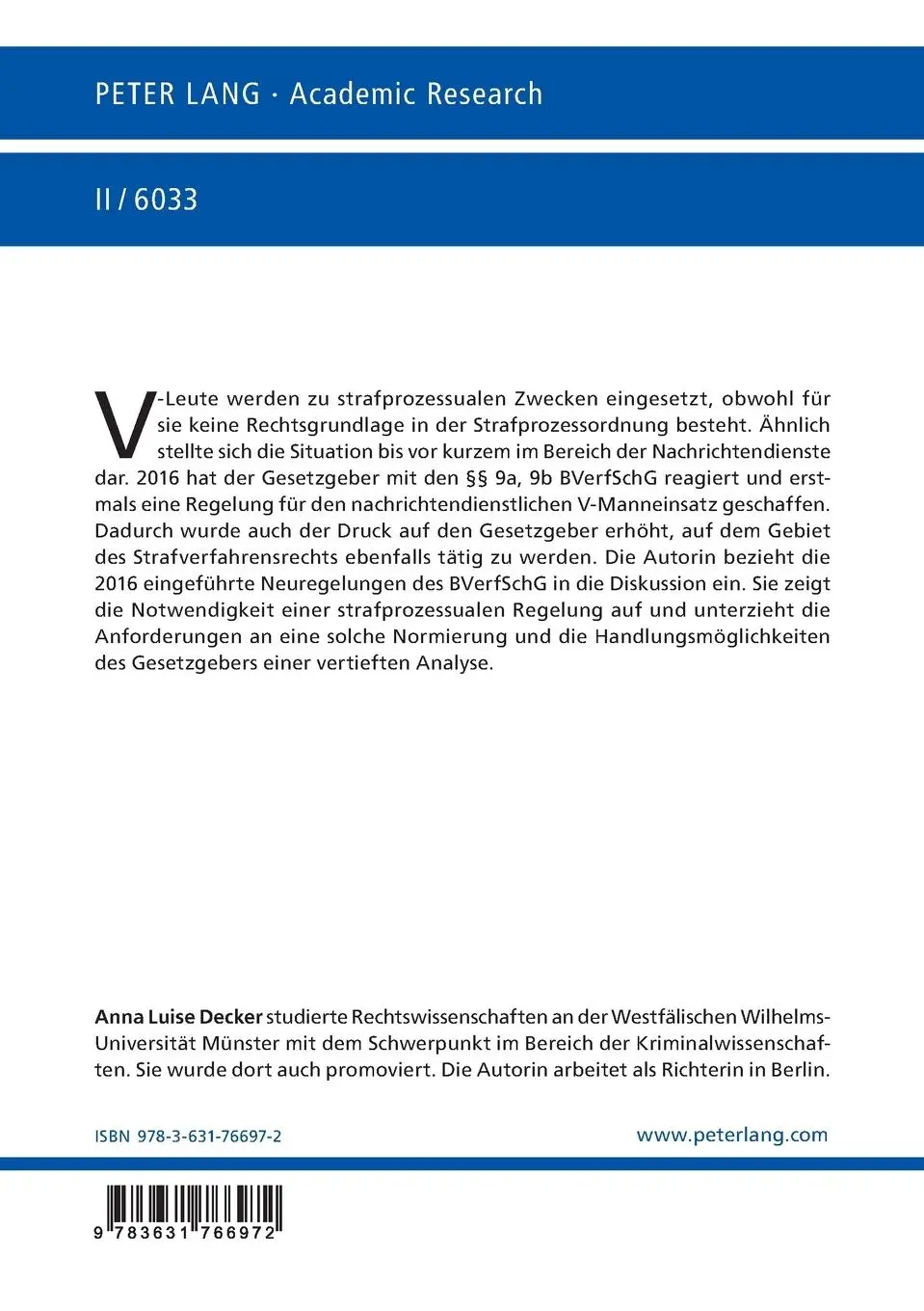 Rückseite: 9783631766972 | Der V-Manneinsatz durch Polizei und Verfassungsschutz | Decker | Buch