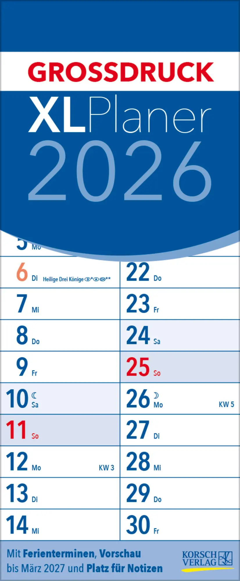 Cover: 9783731887072 | XL Planer Großdruck 2026 | Verlag Korsch | Kalender | 12 S. | Deutsch