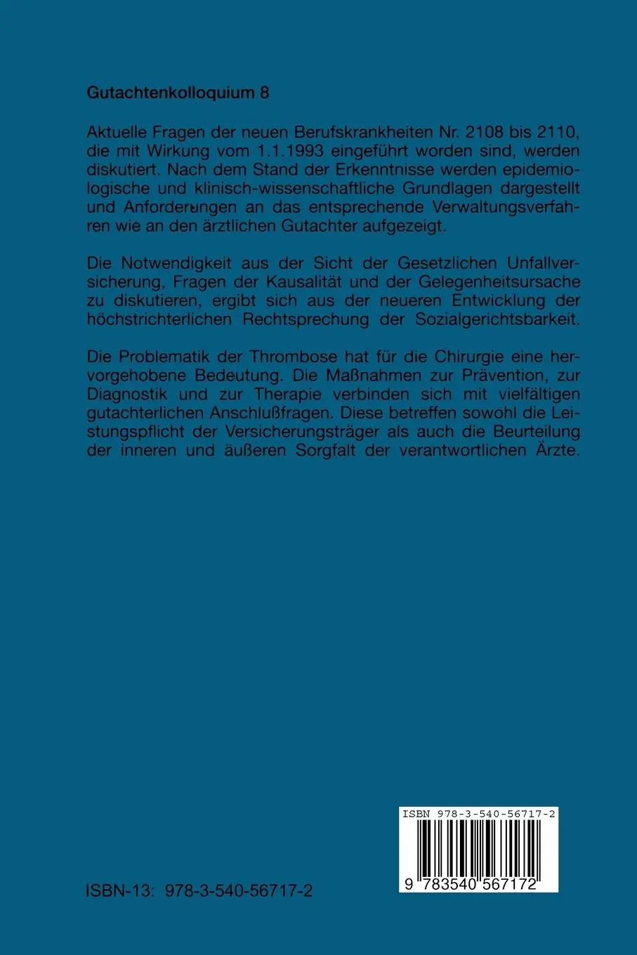 Rückseite: 9783540567172 | Berufsbedingte Wirbelsäulenschäden Unfallbegriff und Kausalität....