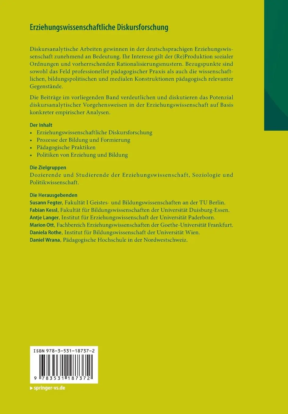Rückseite: 9783531187372 | Erziehungswissenschaftliche Diskursforschung | Susann Fegter (u. a.)