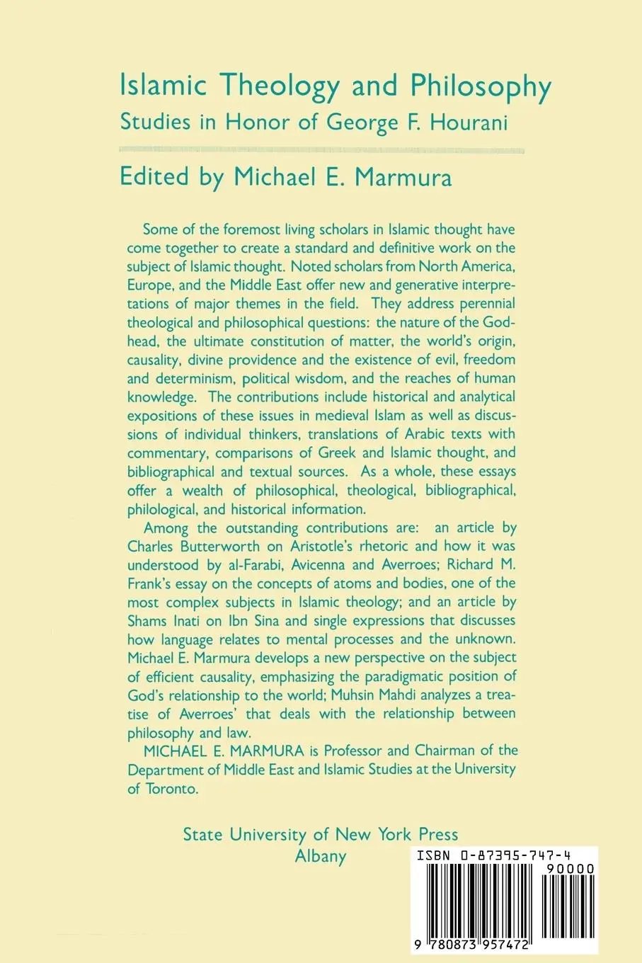 Rückseite: 9780873957472 | Islamic Theology and Philosophy | Michael E. Marmura | Taschenbuch
