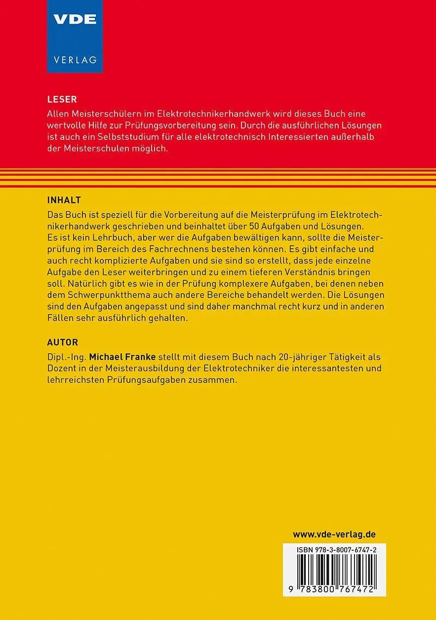 Rückseite: 9783800767472 | Meisterprüfung Elektrotechnik | Aufgaben mit Lösungen | Michael Franke