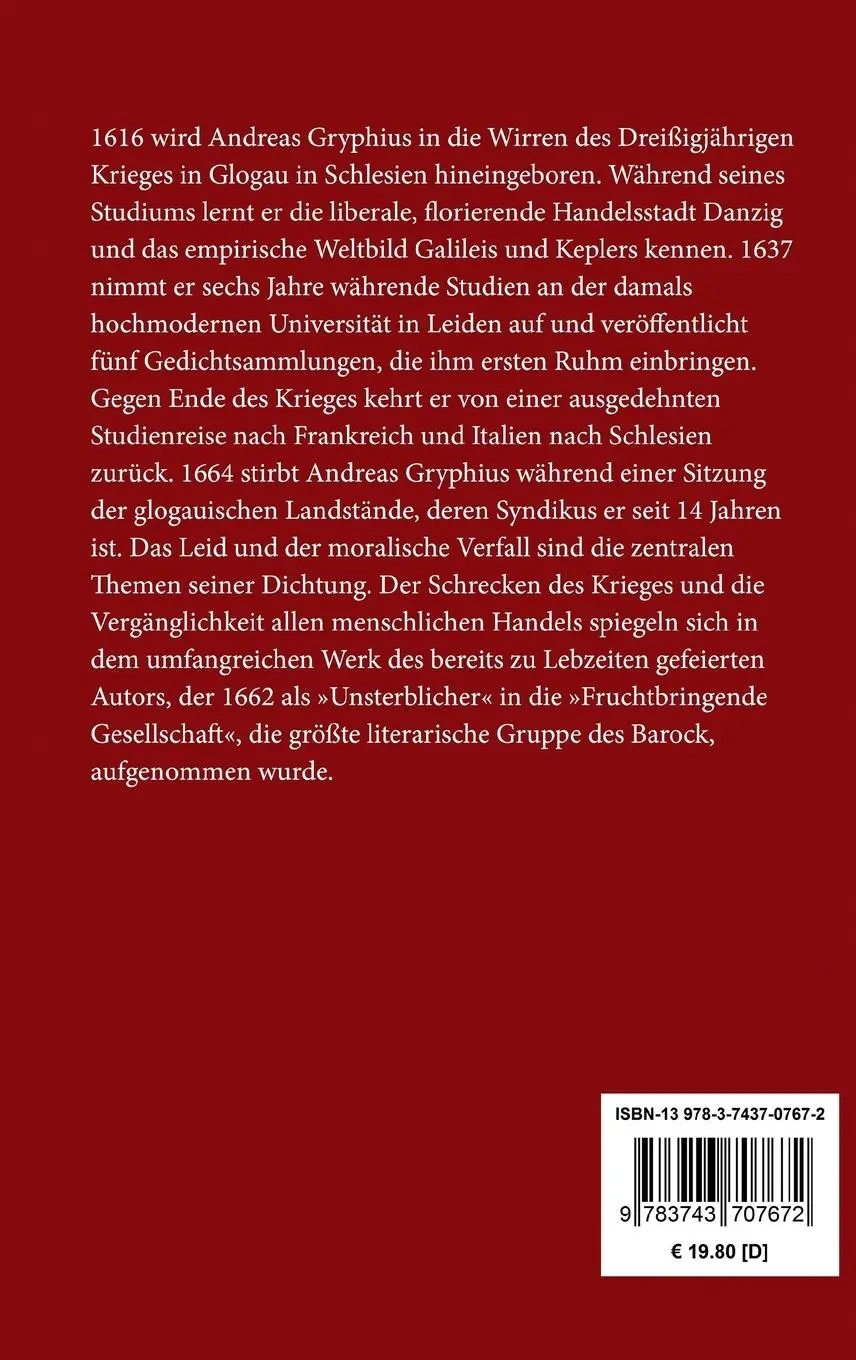 Rückseite: 9783743707672 | Sonette | Andreas Gryphius | Buch | HC runder Rücken kaschiert | 2017