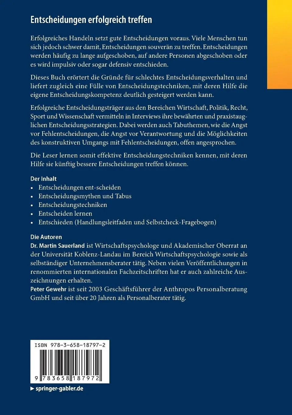 Rückseite: 9783658187972 | Entscheidungen erfolgreich treffen | Peter Gewehr (u. a.) | Buch | xii
