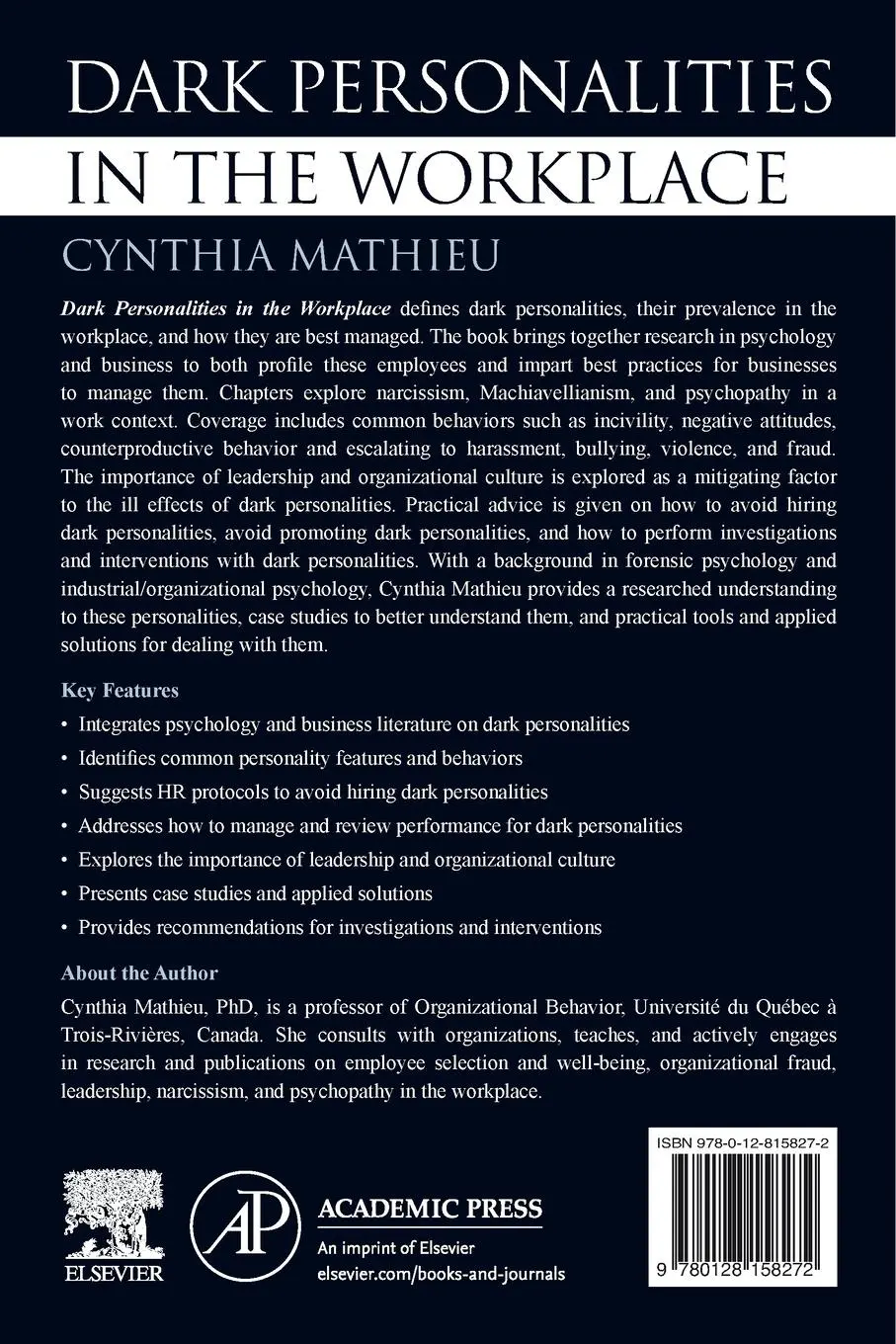 Rückseite: 9780128158272 | Dark Personalities in the Workplace | Cynthia Mathieu | Taschenbuch