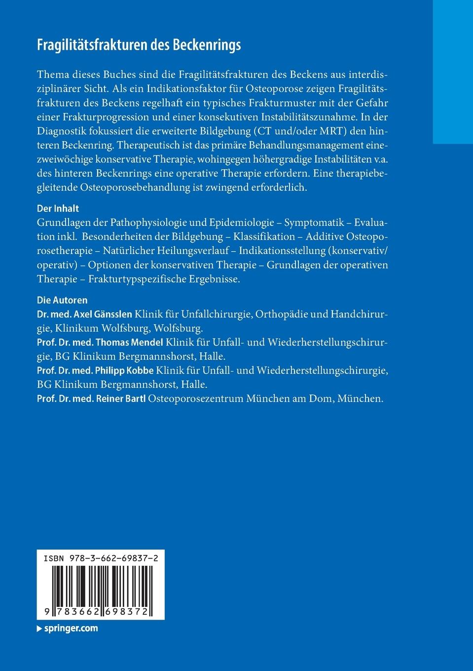 Rückseite: 9783662698372 | Fragilitätsfrakturen des Beckenrings | Axel Gänsslen (u. a.) | Buch