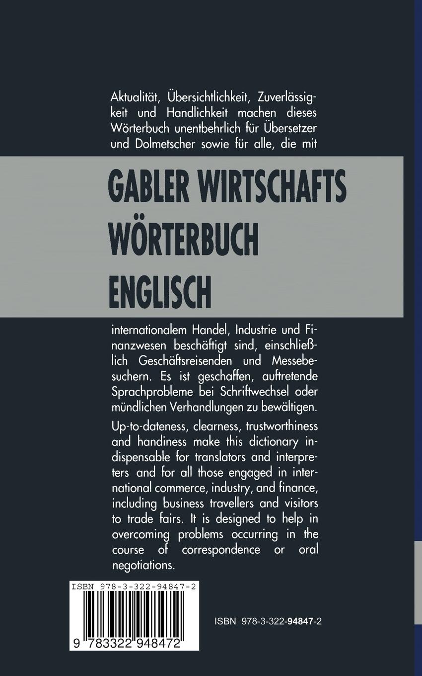 Rückseite: 9783322948472 | Wirtschaftswörterbuch / Commercial Dictionary | Anthony Lee | Buch
