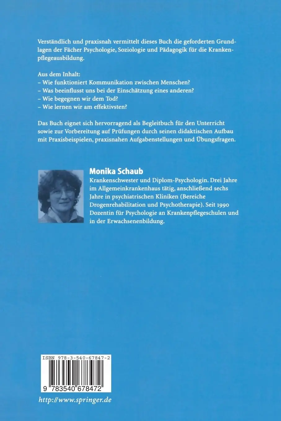 Rückseite: 9783540678472 | Psychologie, Soziologie und Pädagogik für die Pflegeberufe | Schaub
