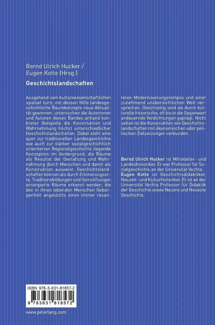 Rückseite: 9783631818572 | Geschichtslandschaften | Bernd Ulrich Hucker (u. a.) | Buch | Gebunden