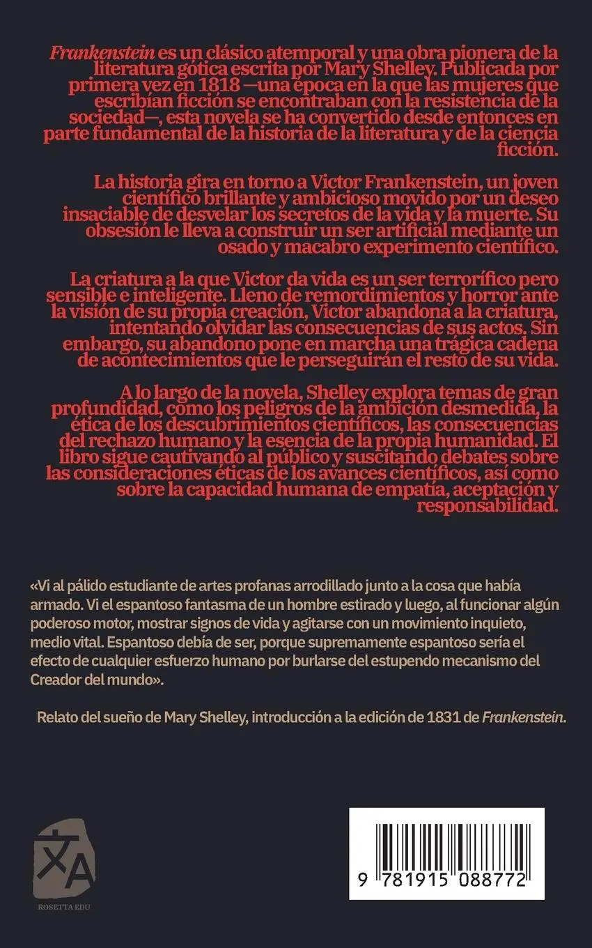 Rückseite: 9781915088772 | Frankenstein, o el moderno Prometeo | Mary Shelley | Taschenbuch