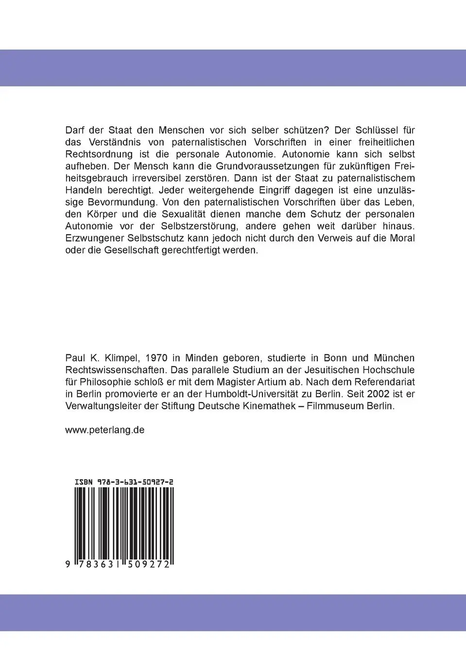 Rückseite: 9783631509272 | Bevormundung oder Freiheitsschutz? | Paul Kristian Klimpel | Buch