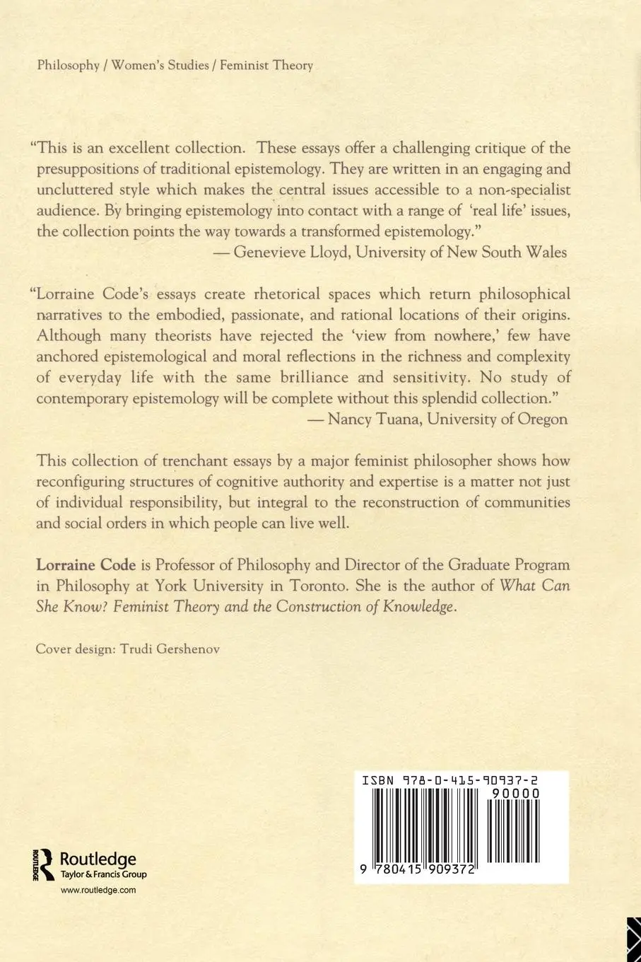 Rückseite: 9780415909372 | Rhetorical Spaces | Essays on Gendered Locations | Lorraine Code