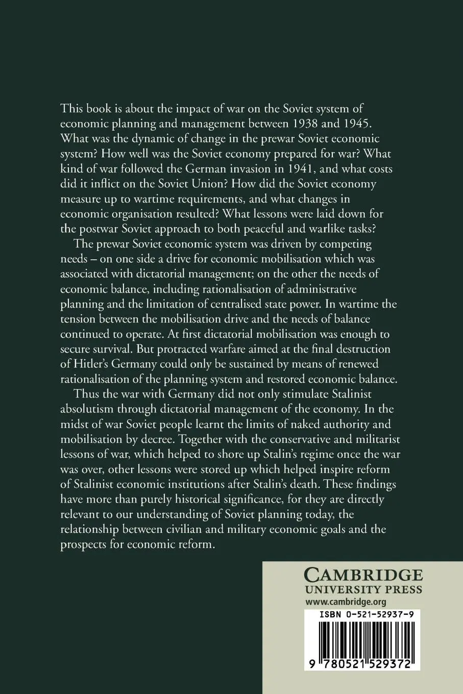 Rückseite: 9780521529372 | Soviet Planning in Peace and War, 1938 1945 | Mark Harrison | Buch