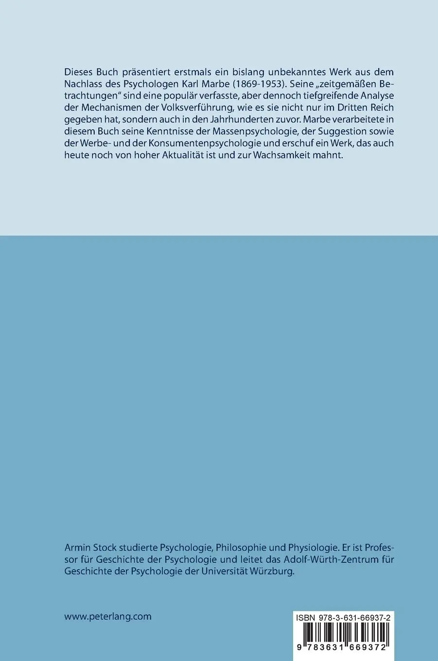 Rückseite: 9783631669372 | Karl Marbe: Zeitgemäße populäre Betrachtungen für die kultivierte Welt