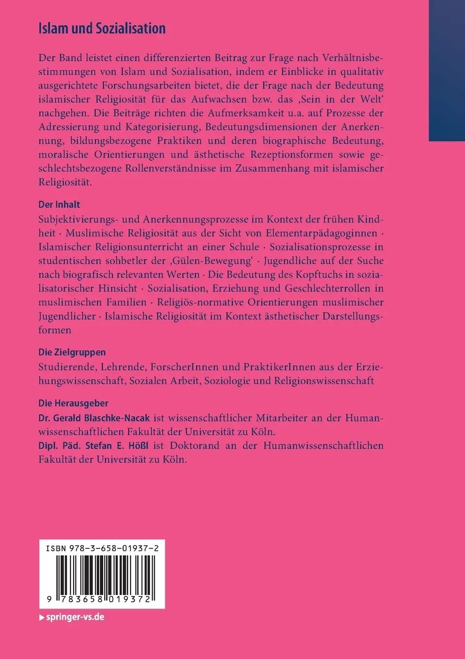 Rückseite: 9783658019372 | Islam und Sozialisation | Aktuelle Studien | Blaschke-Nacak (u. a.)