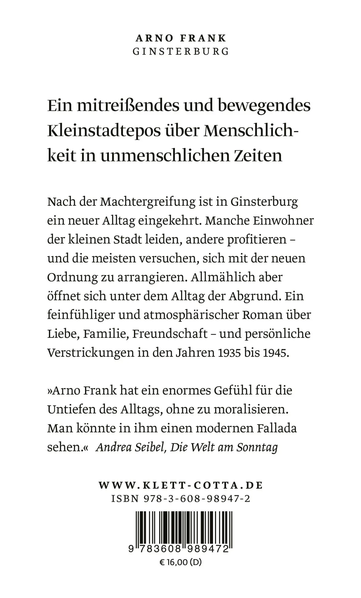 Rückseite: 9783608989472 | Ginsterburg | Roman | Arno Frank | Taschenbuch | 432 S. | Deutsch