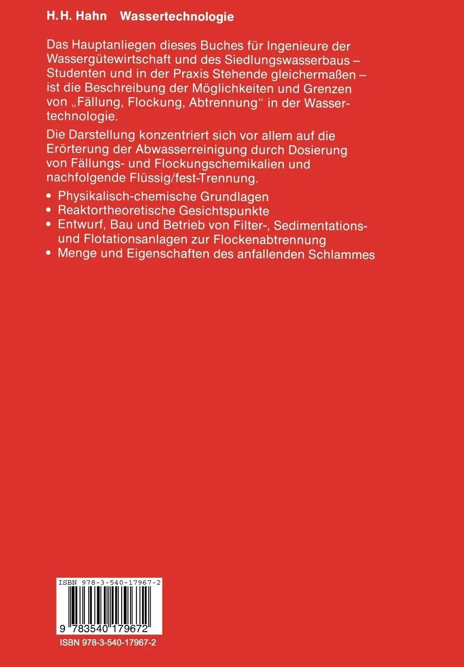 Rückseite: 9783540179672 | Wassertechnologie | Fällung · Flockung · Separation | Hermann H. Hahn