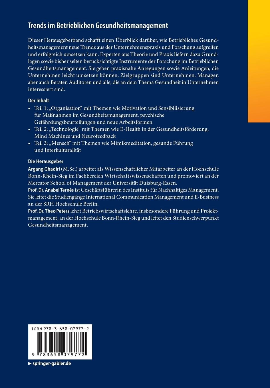 Rückseite: 9783658079772 | Trends im Betrieblichen Gesundheitsmanagement | Argang Ghadiri (u. a.)