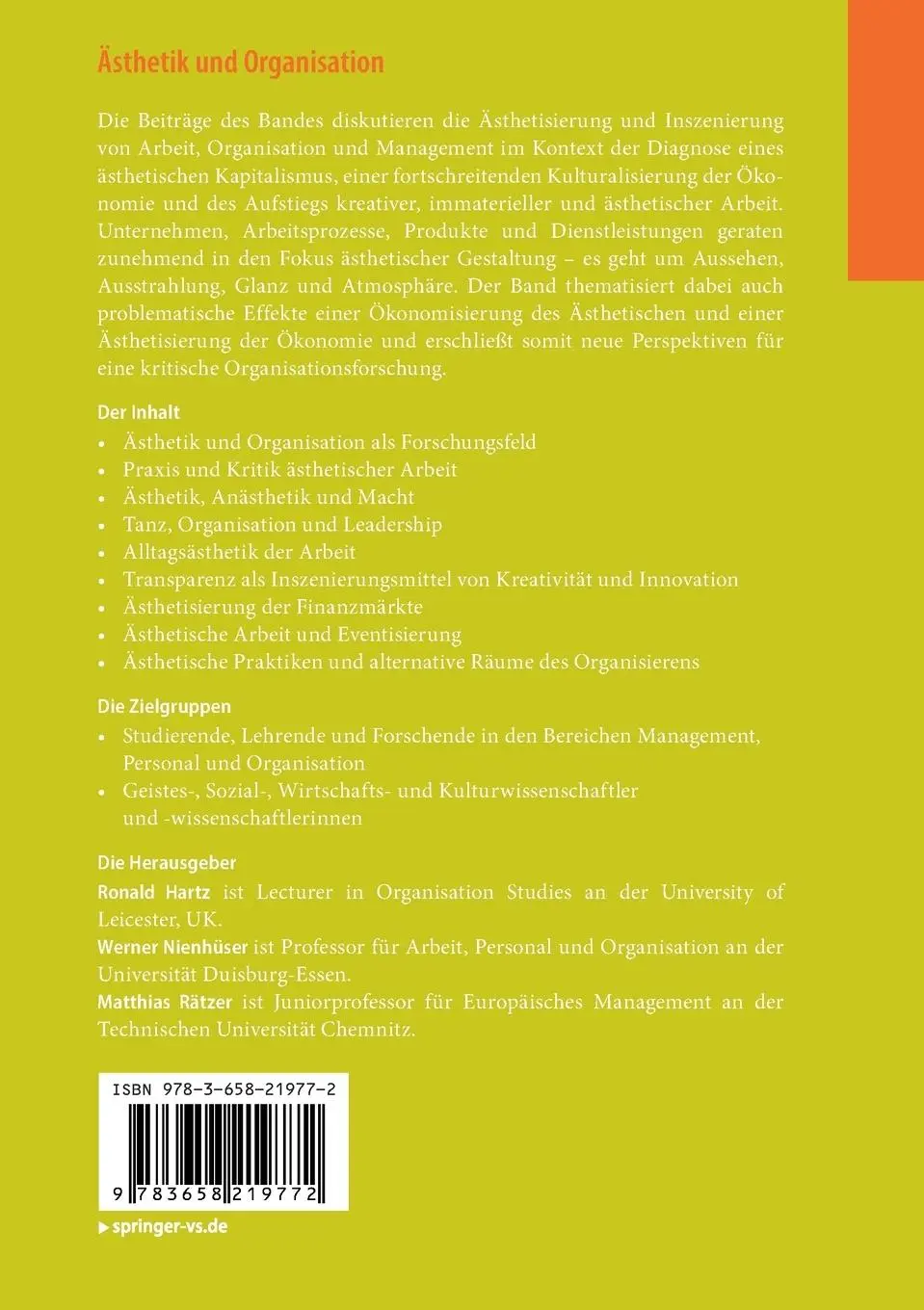 Rückseite: 9783658219772 | Ästhetik und Organisation | Ronald Hartz (u. a.) | Taschenbuch | x