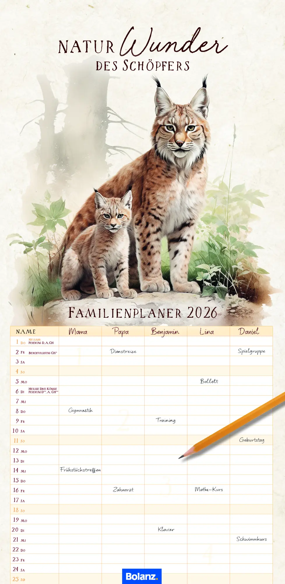 Cover: 9783866039872 | Naturwunder des Schöpfers 2026 - Familienplaner | Mit 5 Spalten | 2025