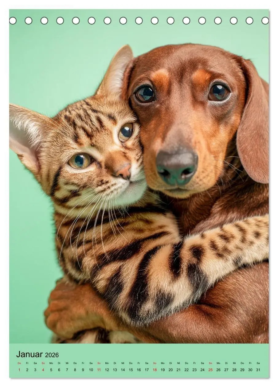 Bild: 9783516670073 | Freundschaftskalender - Katzen und Hunde, beste Freunde in Umarmung...