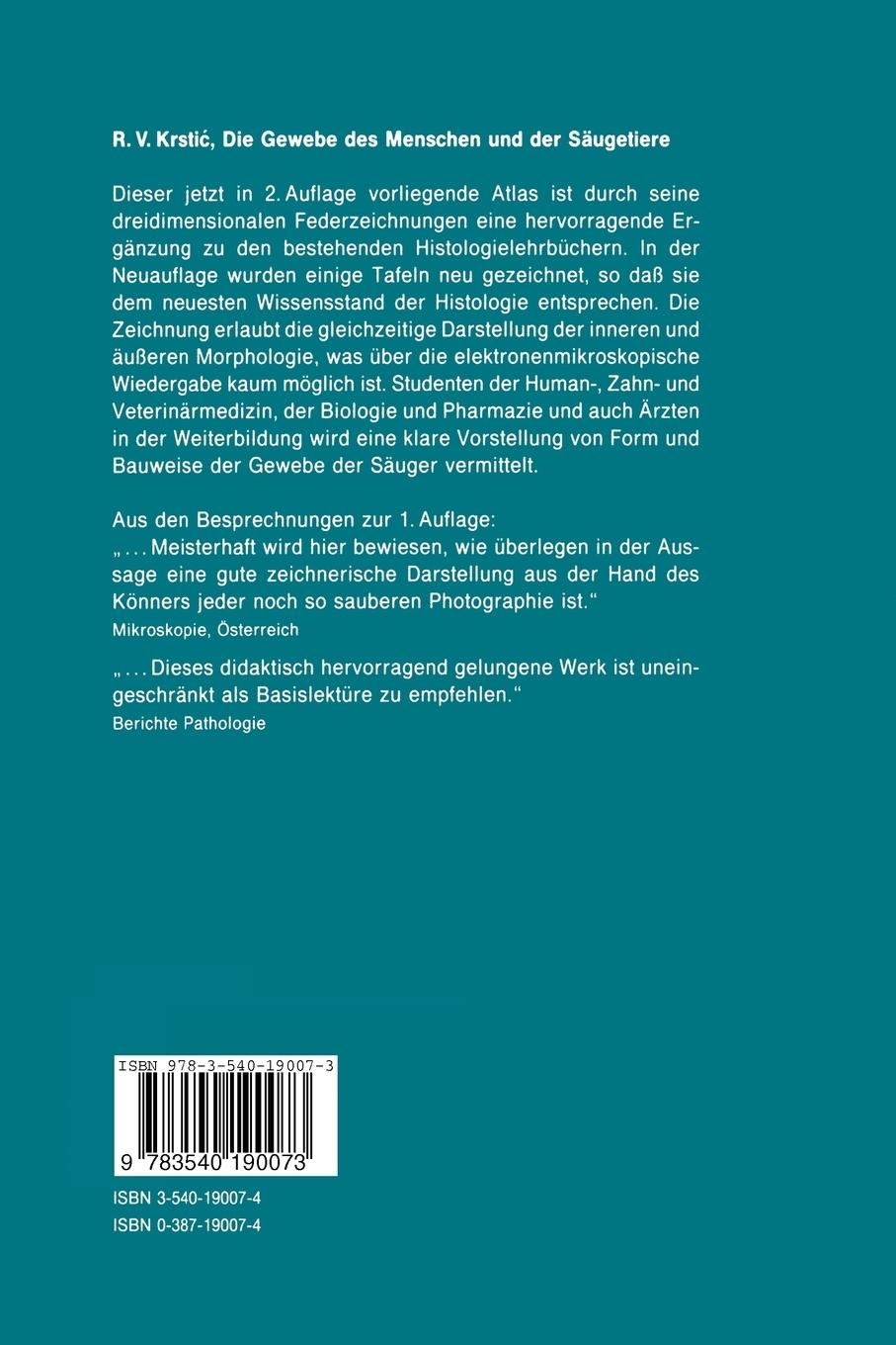 Rückseite: 9783540190073 | Die Gewebe des Menschen und der Säugetiere | Radivoj V. Krstic | Buch