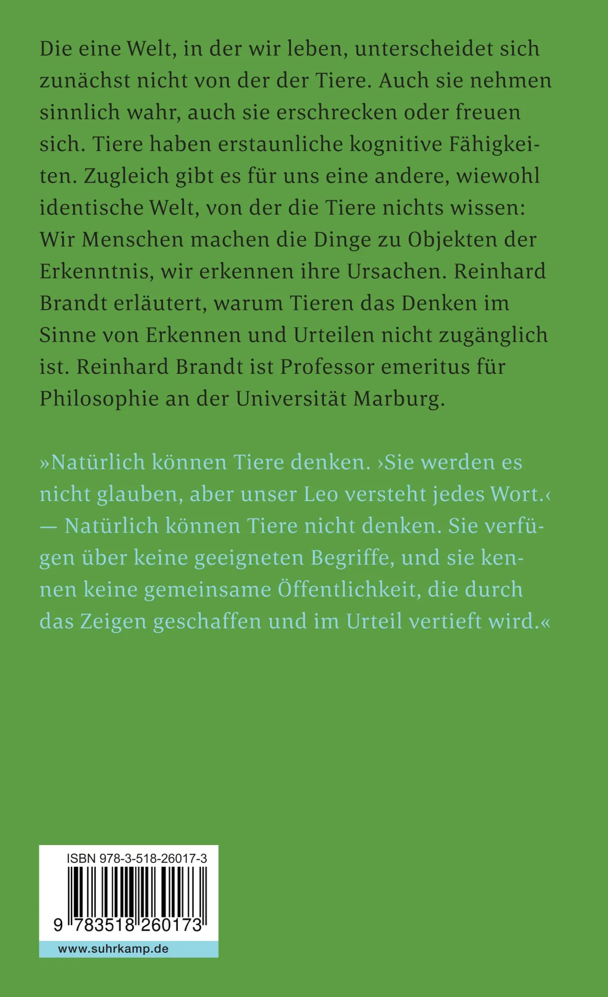 Rückseite: 9783518260173 | Können Tiere denken? | Ein Beitrag zur Tierphilosophie | Brandt | Buch