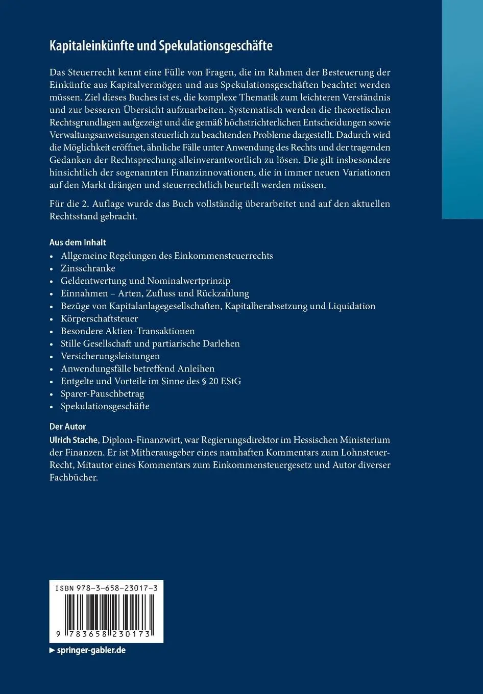 Rückseite: 9783658230173 | Kapitaleinkünfte und Spekulationsgeschäfte | Ulrich Stache | Buch