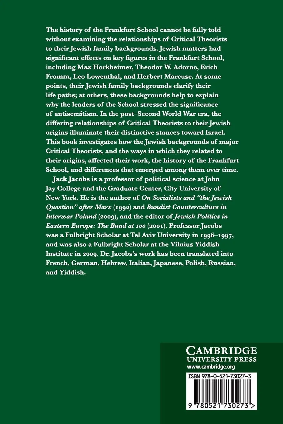 Rückseite: 9780521730273 | The Frankfurt School, Jewish Lives, and Antisemitism | Jack Jacobs