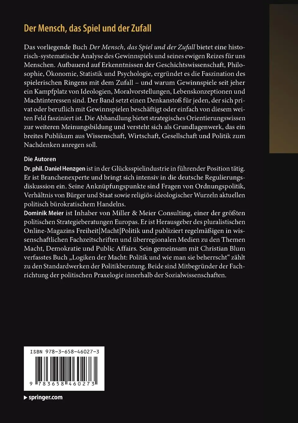 Rückseite: 9783658460273 | Der Mensch, das Spiel und der Zufall | Dominik Meier (u. a.) | Buch