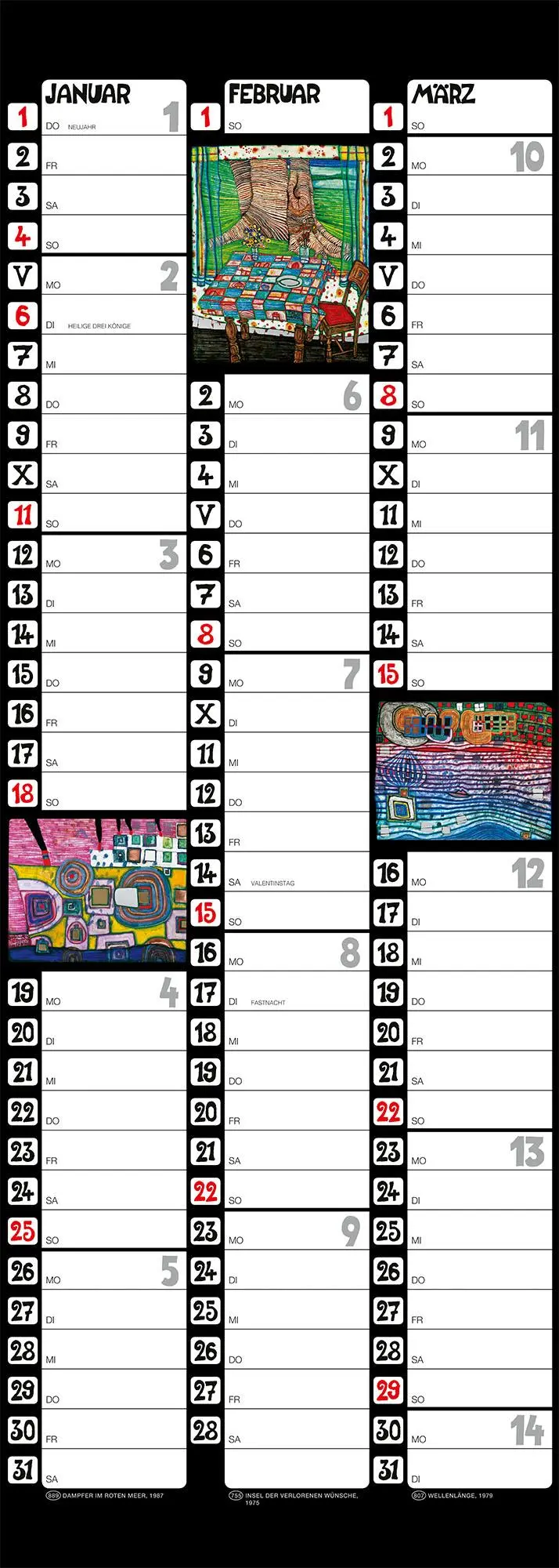 Bild: 9783910430273 | Hundertwasser Streifenkalender Art 2026 | Wörner Verlag GmbH | 6 S.