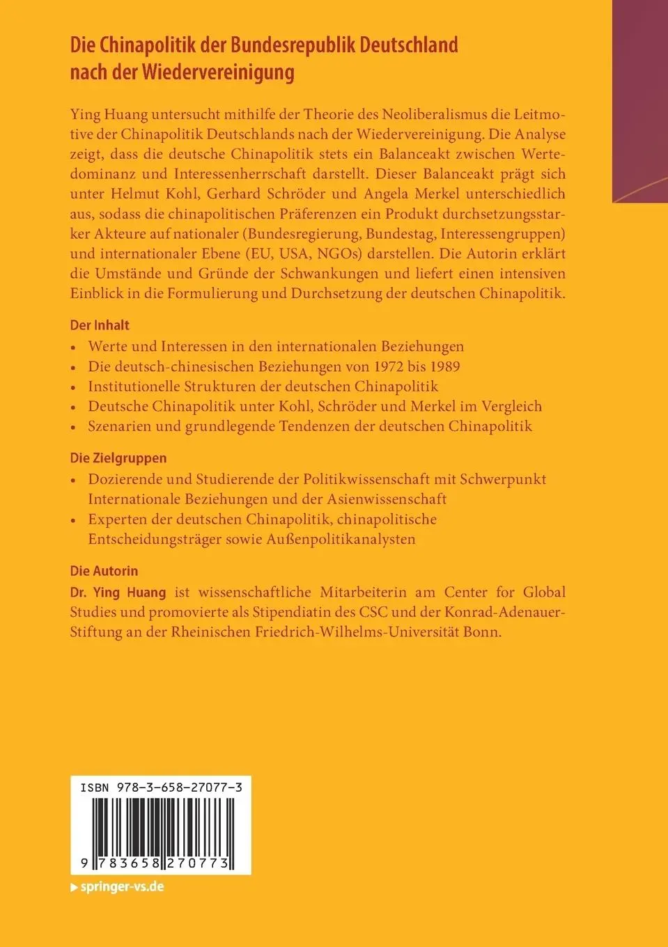 Rückseite: 9783658270773 | Die Chinapolitik der Bundesrepublik Deutschland nach der...