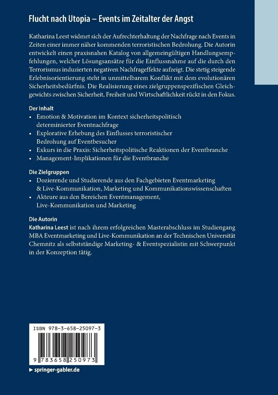 Rückseite: 9783658250973 | Flucht nach Utopia - Events im Zeitalter der Angst | Katharina Leest