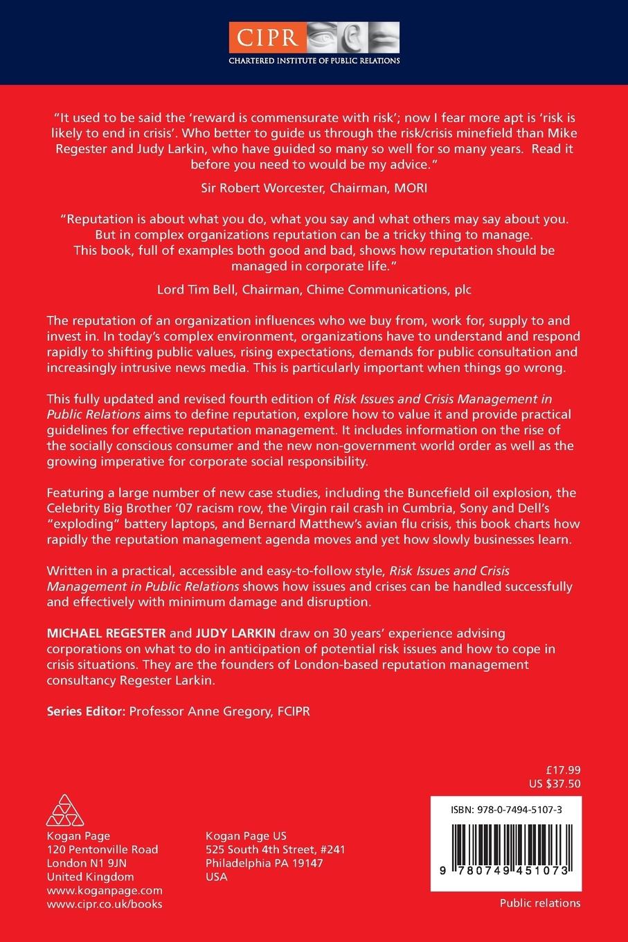 Rückseite: 9780749451073 | Risk Issues and Crisis Management in Public Relations | Taschenbuch