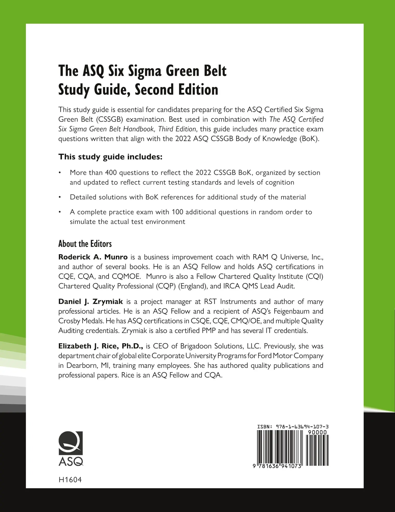 Rückseite: 9781636941073 | The ASQ Certified Six Sigma Green Belt Study Guide | Munro (u. a.)