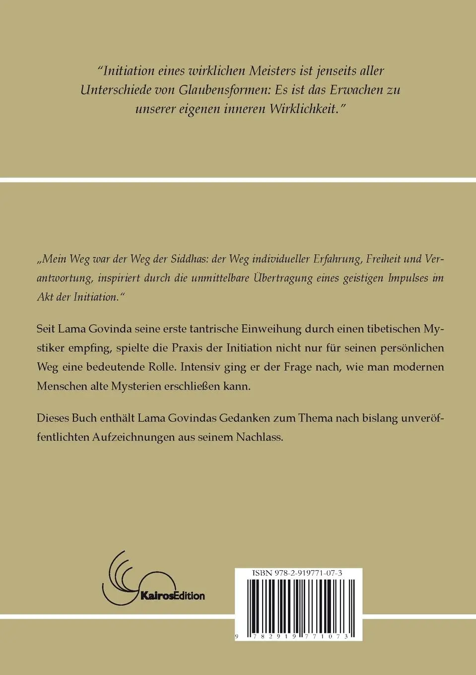Rückseite: 9782919771073 | Initiation | Vorbereitung, Praxis, Wirkung | Lama Anagarika Govinda