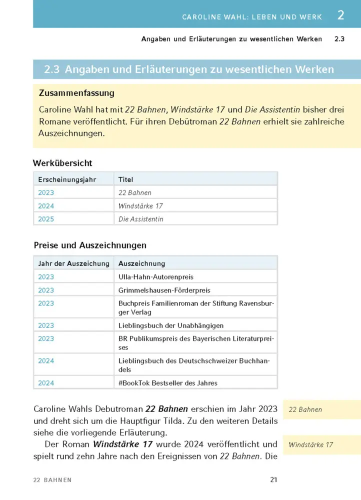 Bild: 9783804421073 | 22 Bahnen von Caroline Wahl - Textanalyse und Interpretation | Wahl