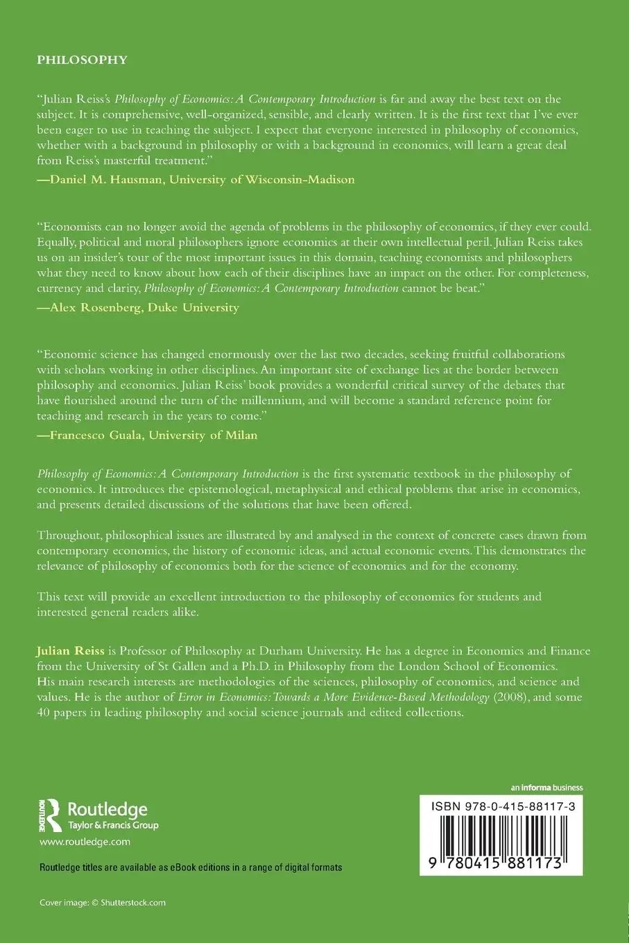 Rückseite: 9780415881173 | Philosophy of Economics | A Contemporary Introduction | Julian Reiss
