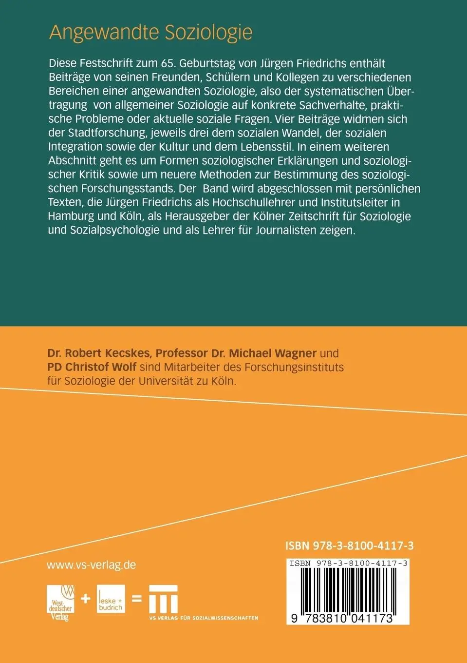 Rückseite: 9783810041173 | Angewandte Soziologie | Robert Kecskes (u. a.) | Taschenbuch | 522 S.